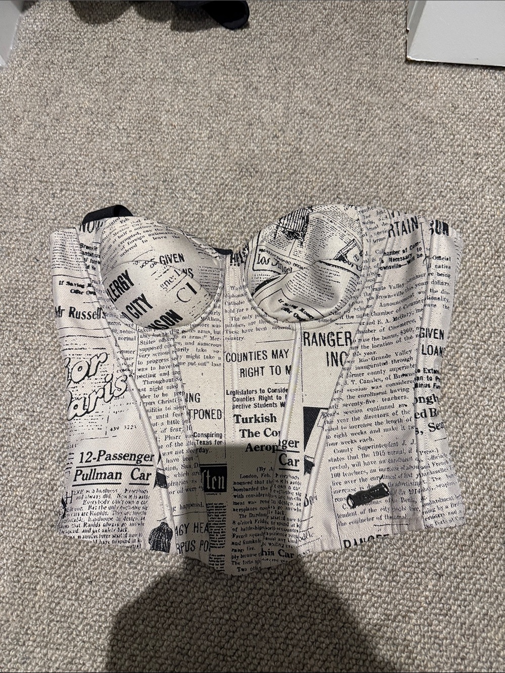 Newspaper Print Bustier Crop Top - White/Black